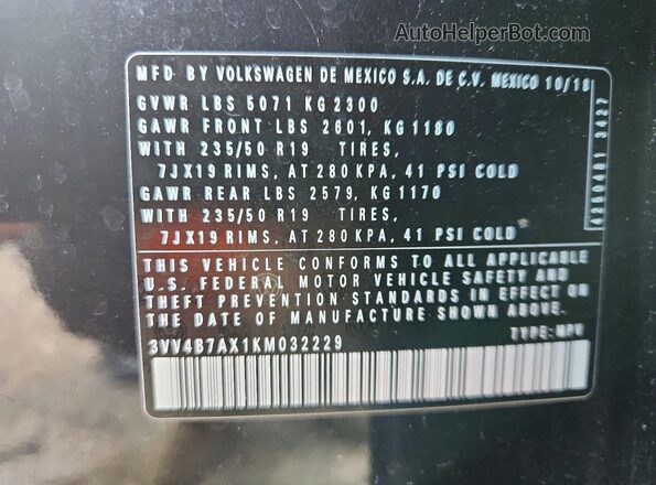 3VV4B7AX1KM032229 2019 VOLKSWAGEN TIGUAN Black Вид наклейки з VIN-кодом
