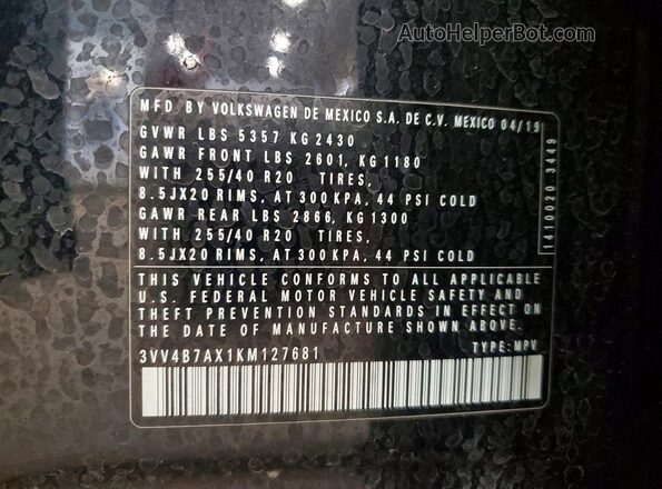3VV4B7AX1KM127681 2019 VOLKSWAGEN TIGUAN Black Vista de la etiqueta del VIN