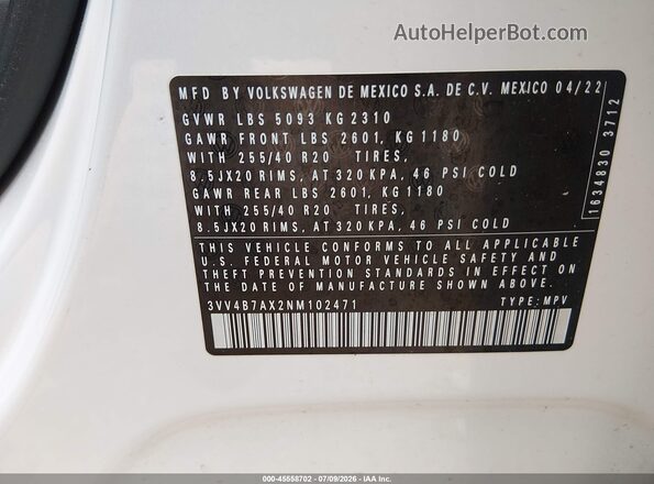 3VV4B7AX2NM102471 2022 VOLKSWAGEN TIGUAN White Vista del compartimento del motor
