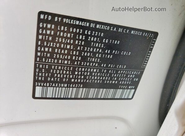 3VV4B7AX3NM164378 2022 VOLKSWAGEN TIGUAN White Вид наклейки з VIN-кодом