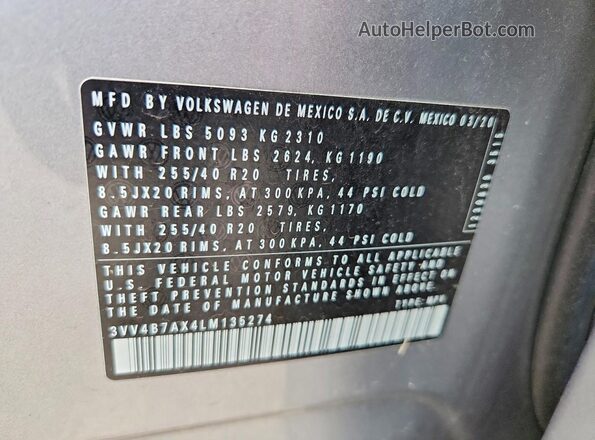 3VV4B7AX4LM135274 2020 VOLKSWAGEN TIGUAN Серебряный Вид наклейки с VIN-кодом