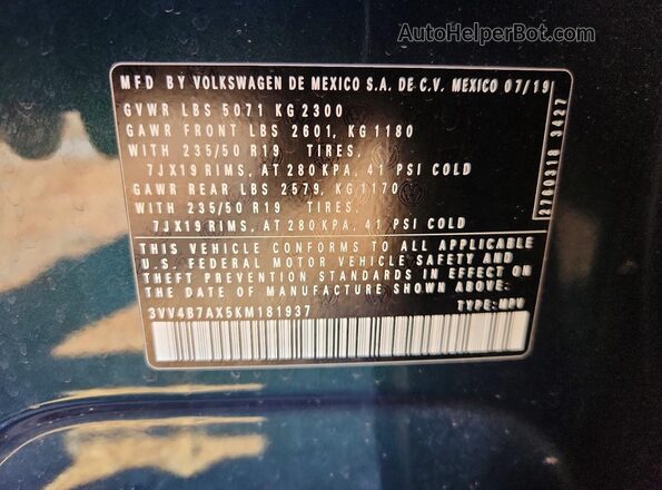 3VV4B7AX5KM181937 2019 VOLKSWAGEN TIGUAN Green VIN კოდის სტიკერის ხედი