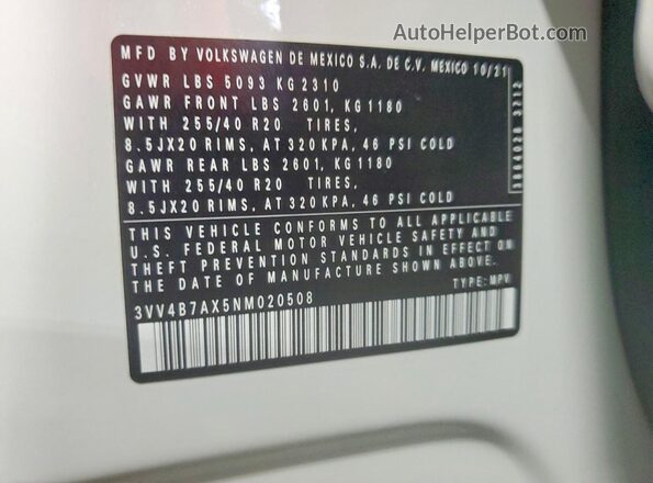 3VV4B7AX5NM020508 2022 VOLKSWAGEN TIGUAN White VIN კოდის სტიკერის ხედი