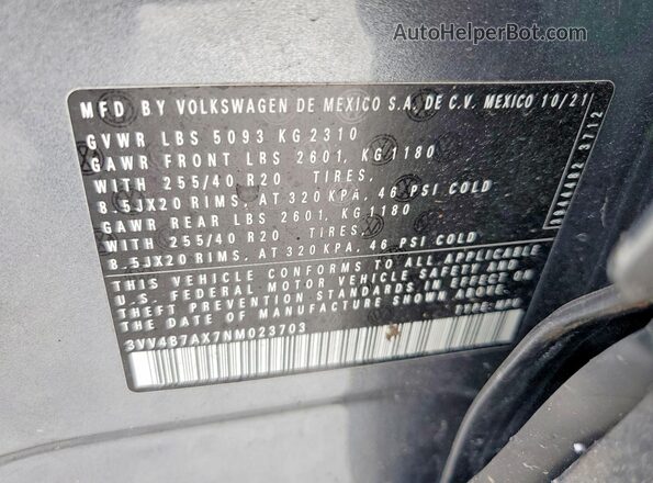 3VV4B7AX7NM023703 2022 VOLKSWAGEN TIGUAN Gray VIN sticker view