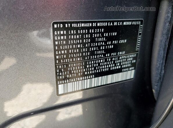 3VV4B7AX7NM086493 2022 VOLKSWAGEN TIGUAN Gray Widok wnętrza 360 stopni