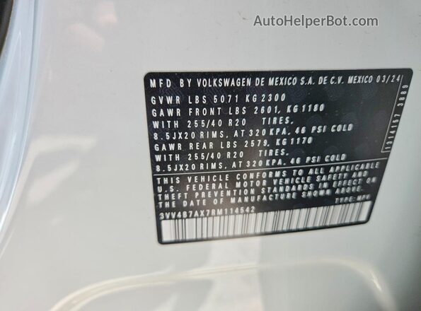 3VV4B7AX7RM114542 2024 VOLKSWAGEN TIGUAN Белый Вид наклейки с VIN-кодом
