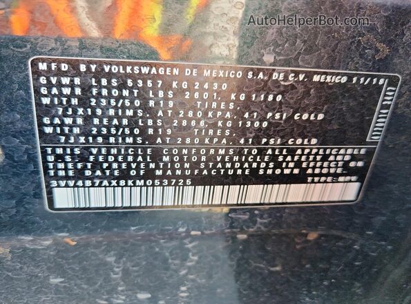 3VV4B7AX8KM053725 2019 VOLKSWAGEN TIGUAN Green Vista del compartimento del motor