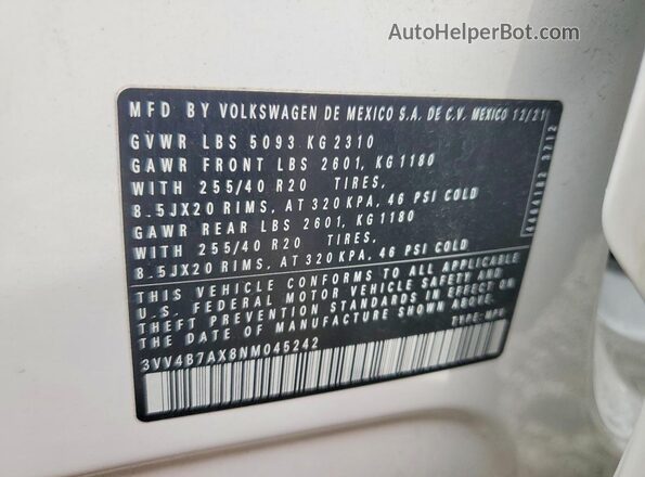 3VV4B7AX8NM045242 2022 VOLKSWAGEN TIGUAN White Widok naklejki z numerem VIN