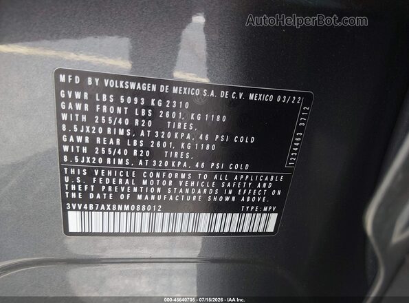 3VV4B7AX8NM088012 2022 VOLKSWAGEN TIGUAN Gray Vista del compartimento del motor