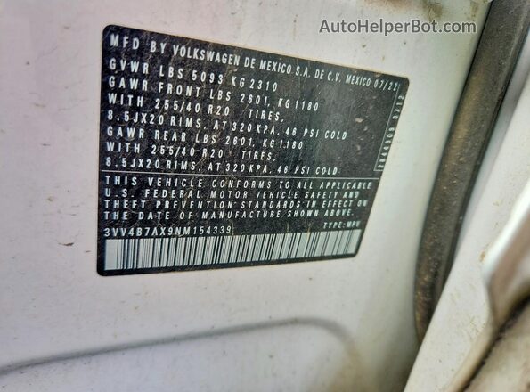 3VV4B7AX9NM154339 2022 VOLKSWAGEN TIGUAN White Панорамний вид салону 360°