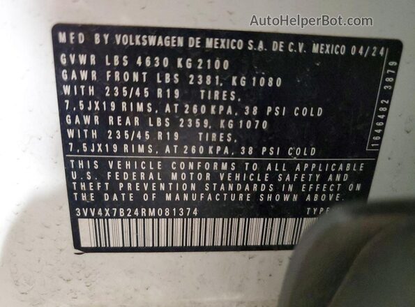 3VV4X7B24RM081374 2024 VOLKSWAGEN TAOS Белый Вид наклейки с VIN-кодом