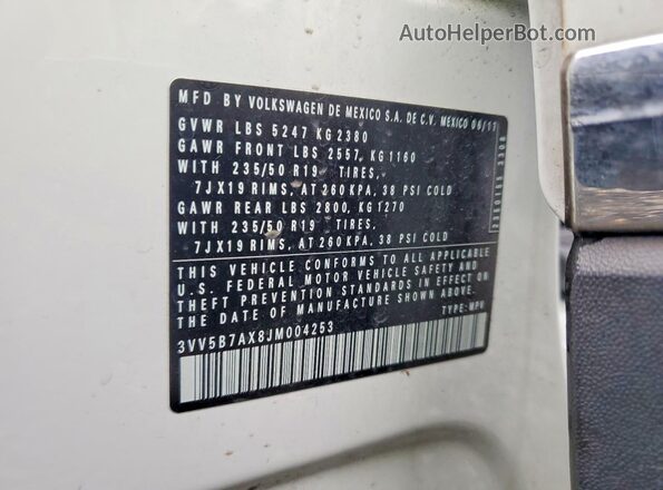 3VV5B7AX8JM004253 2018 VOLKSWAGEN TIGUAN White Widok naklejki z numerem VIN
