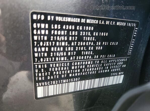 3VV5C7B21TM015307 2026 VOLKSWAGEN TAOS Gray Widok wnętrza 360 stopni