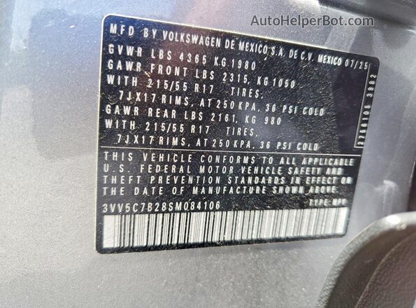 3VV5C7B28SM084106 2025 VOLKSWAGEN TAOS Silver Widok naklejki z numerem VIN