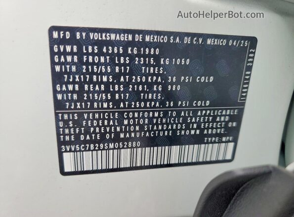 3VV5C7B29SM052880 2025 VOLKSWAGEN TAOS White Vista de la etiqueta del VIN
