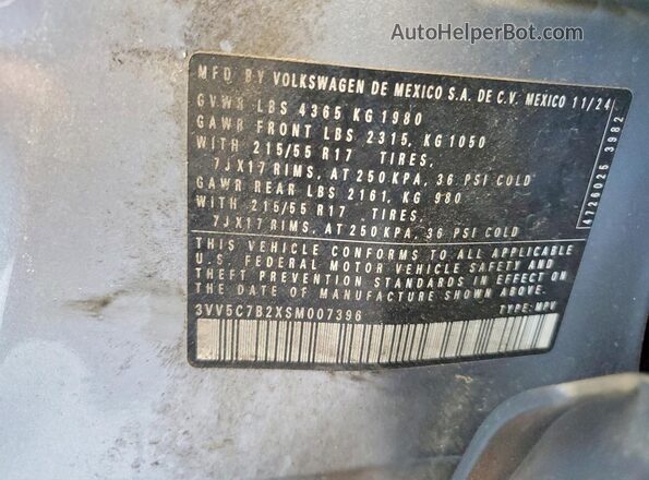 3VV5C7B2XSM007396 2025 VOLKSWAGEN TAOS Silver Widok naklejki z numerem VIN