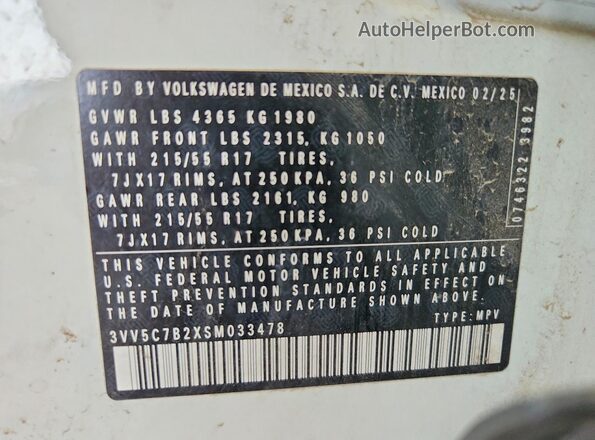 3VV5C7B2XSM033478 2025 VOLKSWAGEN TAOS White Widok naklejki z numerem VIN