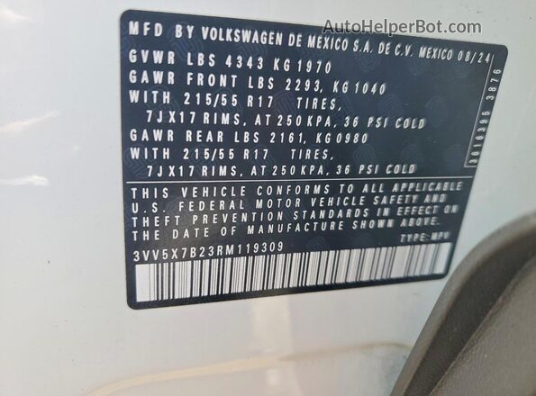 3VV5X7B23RM119309 2024 VOLKSWAGEN TAOS Белый Вид наклейки с VIN-кодом