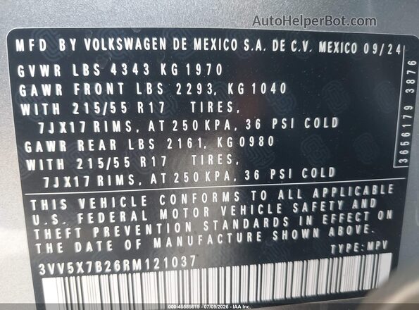 3VV5X7B26RM121037 2024 VOLKSWAGEN TAOS Silver Engine compartment view