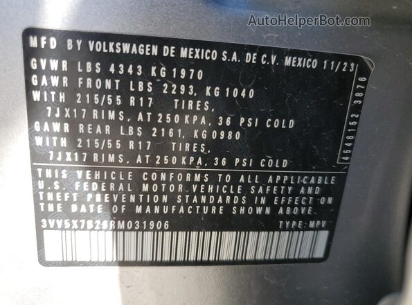 3VV5X7B28RM031906 2024 VOLKSWAGEN TAOS Silver Панорамний вид салону 360°