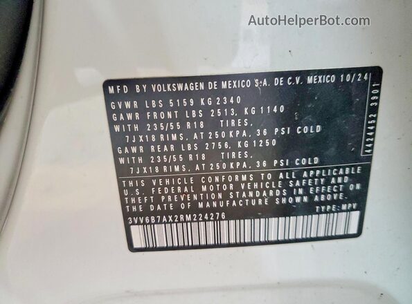 3VV6B7AX2RM224276 2024 VOLKSWAGEN TIGUAN White Widok naklejki z numerem VIN