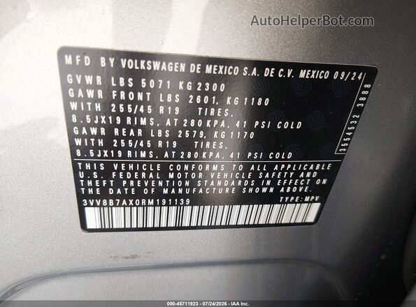 3VV8B7AX0RM191139 2024 VOLKSWAGEN TIGUAN Silver Вид підкапотного простору