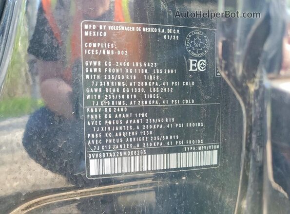 3VV8B7AX2NM066265 2022 VOLKSWAGEN TIGUAN Black Vista de la etiqueta del VIN