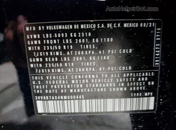 3VV8B7AX4NM000445 2022 VOLKSWAGEN TIGUAN Black 360 interior view