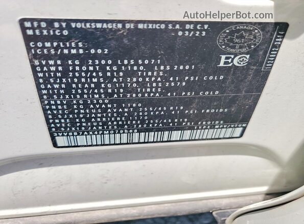 3VV8B7AX4PM079568 2023 VOLKSWAGEN TIGUAN White Панорамний вид салону 360°