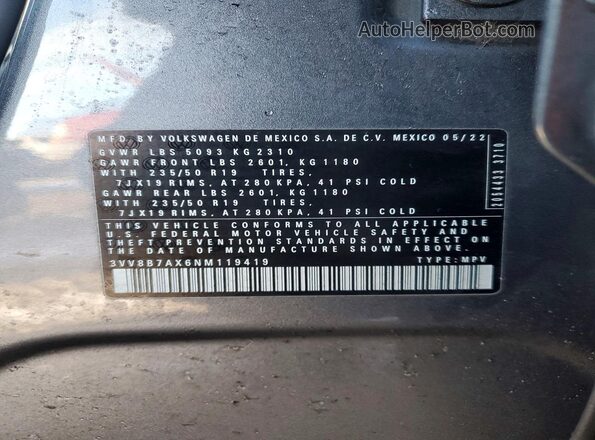 3VV8B7AX6NM119419 2022 VOLKSWAGEN TIGUAN Gray Widok naklejki z numerem VIN