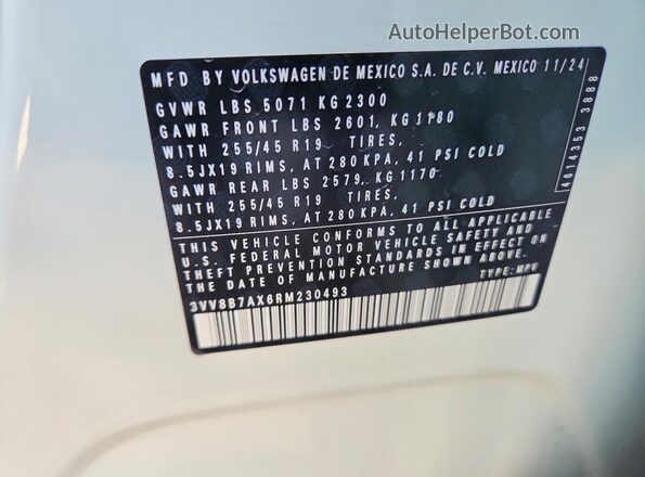 3VV8B7AX6RM230493 2024 VOLKSWAGEN TIGUAN White VIN sticker view