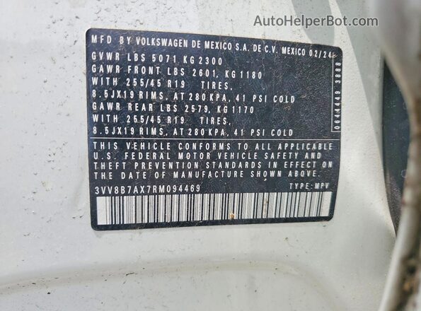 3VV8B7AX7RM094469 2024 VOLKSWAGEN TIGUAN White Vista de la etiqueta del VIN