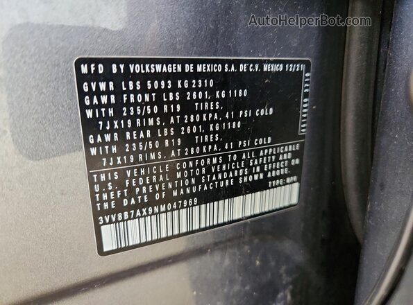 3VV8B7AX9NM047969 2022 VOLKSWAGEN TIGUAN Gray VIN კოდის სტიკერის ხედი