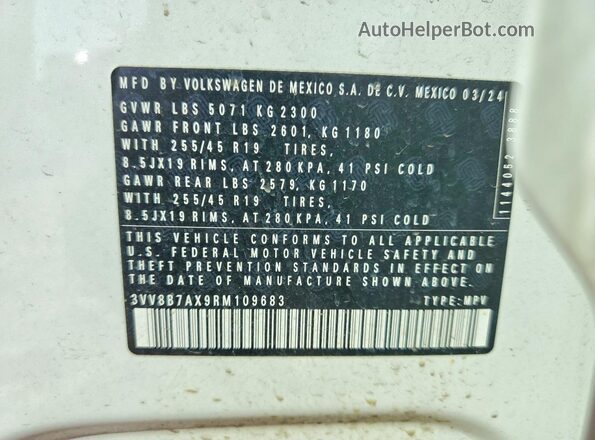 3VV8B7AX9RM109683 2024 VOLKSWAGEN TIGUAN White VIN კოდის სტიკერის ხედი
