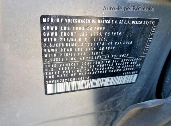 3VV8C7B23SM046912 2025 VOLKSWAGEN TAOS Серебряный Вид наклейки с VIN-кодом