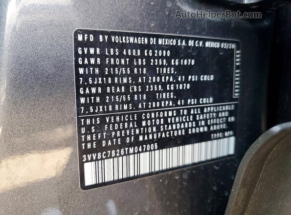 3VV8C7B26TM047005 2026 VOLKSWAGEN TAOS Gray Вид наклейки з VIN-кодом