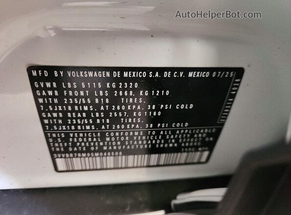 3VVBR7RM9SM046506 2025 VOLKSWAGEN TIGUAN Белый Вид наклейки с VIN-кодом