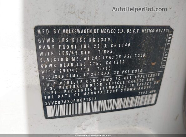 3VVCB7AX0RM021518 2024 VOLKSWAGEN TIGUAN White Շարժիչի բաժամունքի տեսք