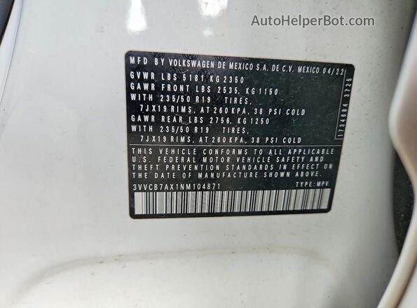 3VVCB7AX1NM104871 2022 VOLKSWAGEN TIGUAN White Widok wnętrza 360 stopni