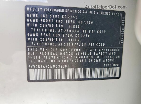 3VVCB7AX2NM032501 2022 VOLKSWAGEN TIGUAN White Вид наклейки з VIN-кодом