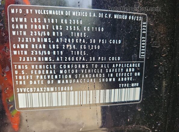 3VVCB7AX2NM118486 2022 VOLKSWAGEN TIGUAN Black Vista de la etiqueta del VIN