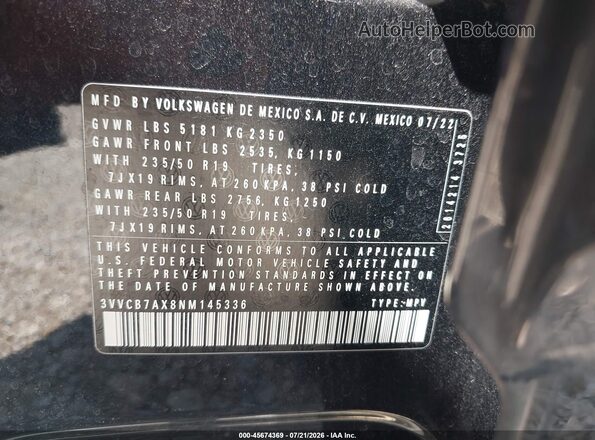 3VVCB7AX8NM145336 2022 VOLKSWAGEN TIGUAN Black Շարժիչի բաժամունքի տեսք