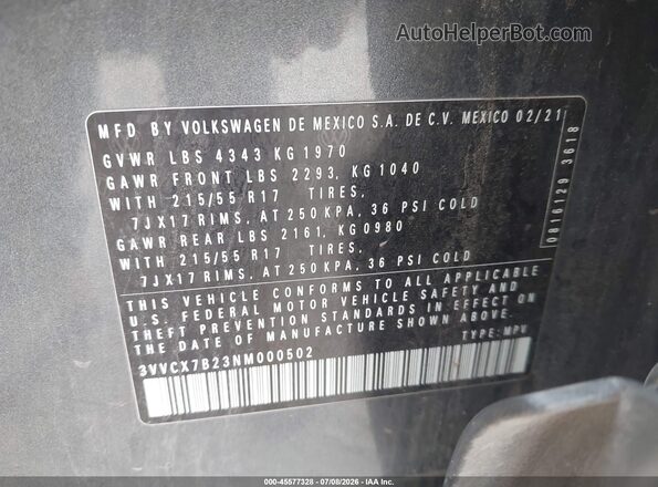 3VVCX7B23NM000502 2022 VOLKSWAGEN TAOS Gray Vista del compartimento del motor