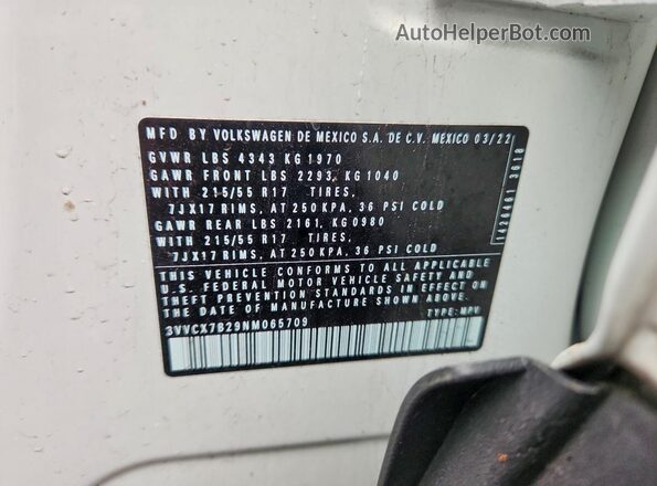3VVCX7B29NM065709 2022 VOLKSWAGEN TAOS White Widok naklejki z numerem VIN