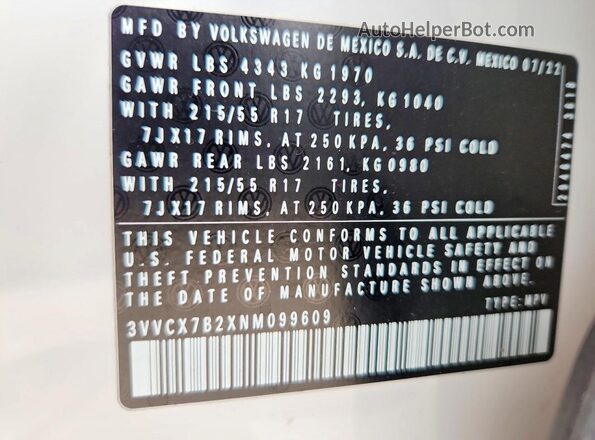 3VVCX7B2XNM099609 2022 VOLKSWAGEN TAOS White VIN կոդի պիտակի տեսք