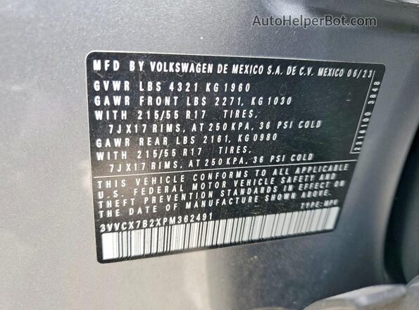 3VVCX7B2XPM362491 2023 VOLKSWAGEN TAOS Silver VIN კოდის სტიკერის ხედი