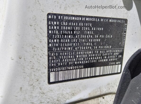 3VVDX7B27NM005206 2022 VOLKSWAGEN TAOS White Вид щитка приладів