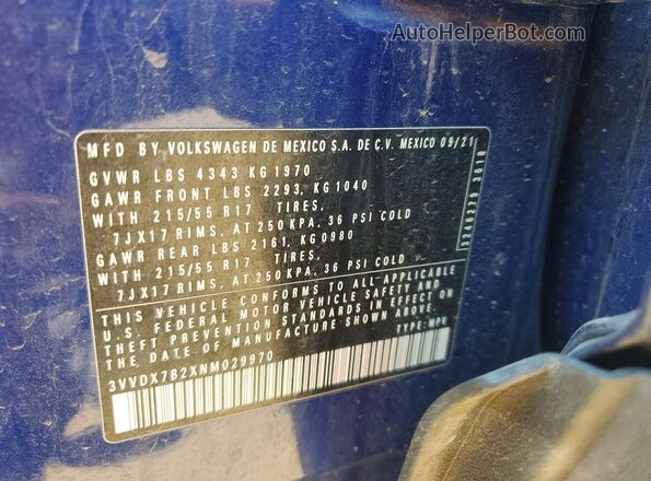 3VVDX7B2XNM029970 2022 VOLKSWAGEN TAOS Blue VIN კოდის სტიკერის ხედი