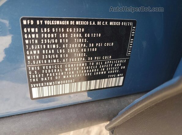 3VVER7RM3TM008087 2026 VOLKSWAGEN TIGUAN Blue Widok wnętrza 360 stopni