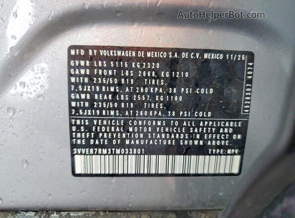 3VVER7RM3TM033801 2026 VOLKSWAGEN TIGUAN Silver Вид наклейки з VIN-кодом